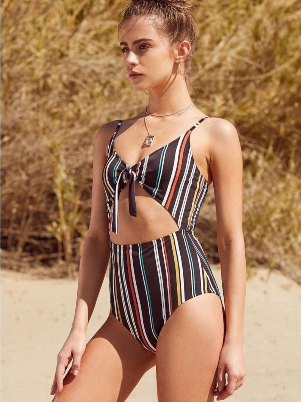 NWT Urban Outfitters Zaful Black One-Piece Cut out w/ Multicolor Stripes Sz L